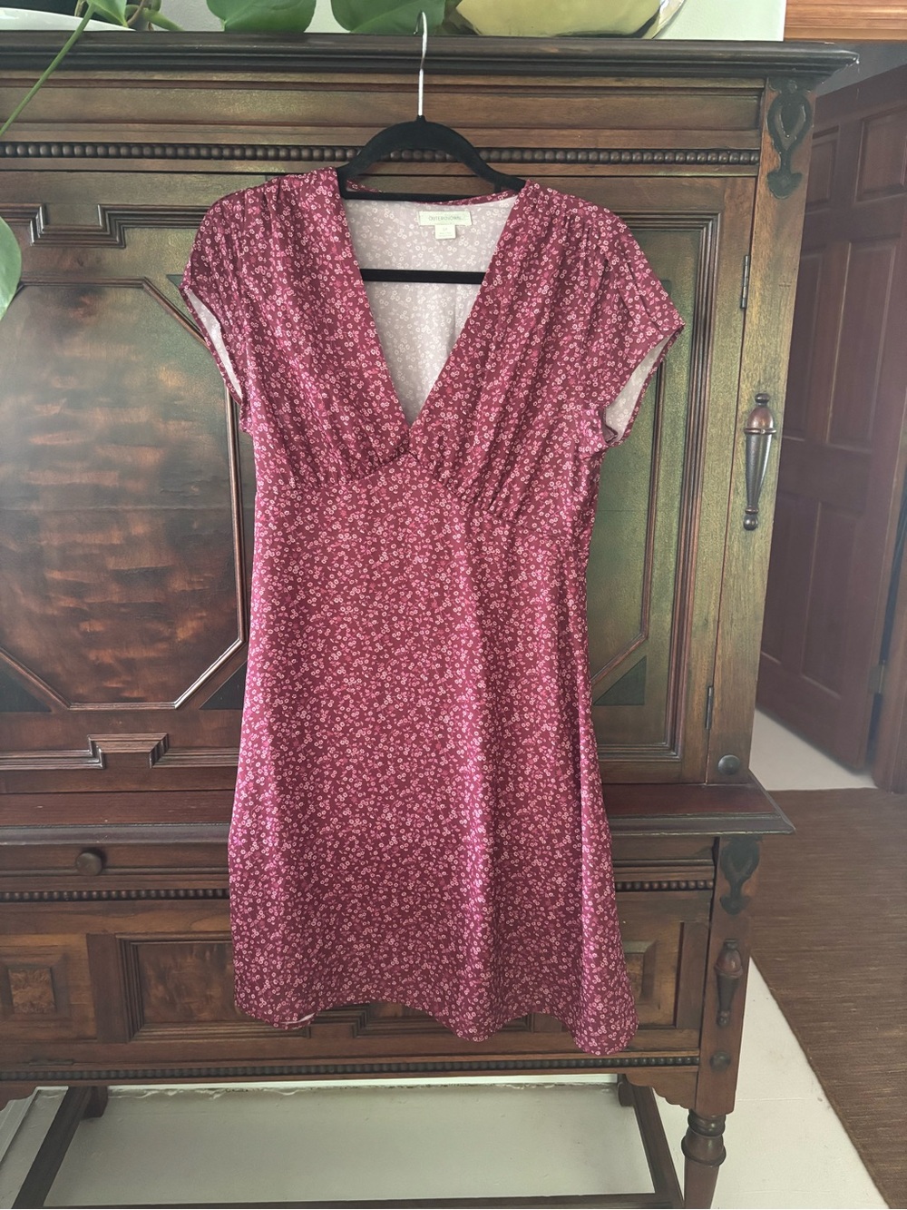 Outerknown Burgundy Floral V-Neck Mini Dress